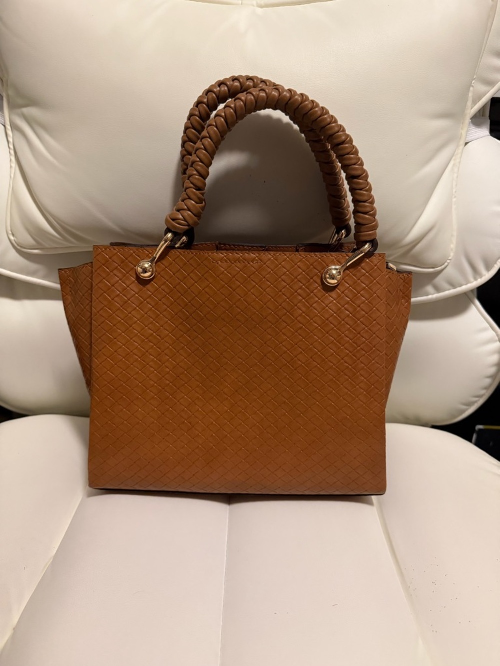 Aldo Cognac Tan Woven Satchel with Braided Top Handles - Picture 2 of 4
